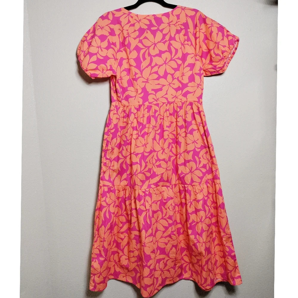 JCrew Pink Orange Tropical Floral Tiered Midi Boho V-Neck Vacation Dress Size 8 - Picture 3 of 8